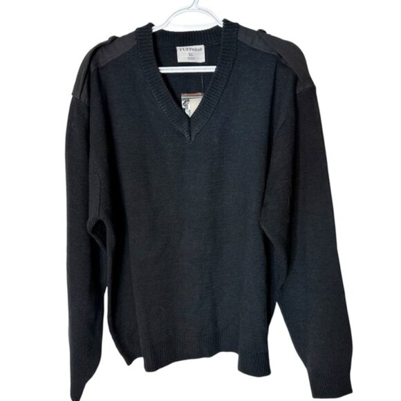 TUFFWEAR New Mens Knit Military Sweater Button Epaulets Shoulders Elbows Navy - Picture 2 of 13